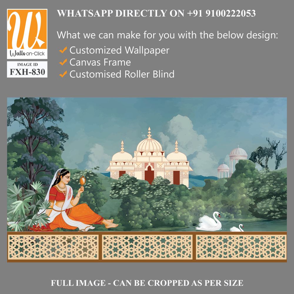 Traditional Mughal queen sitting in garden, with temples, lake, hill, plant and botanical tree landscape illustration pattern, Mughal Wall Mural. [WP-FXH-830]