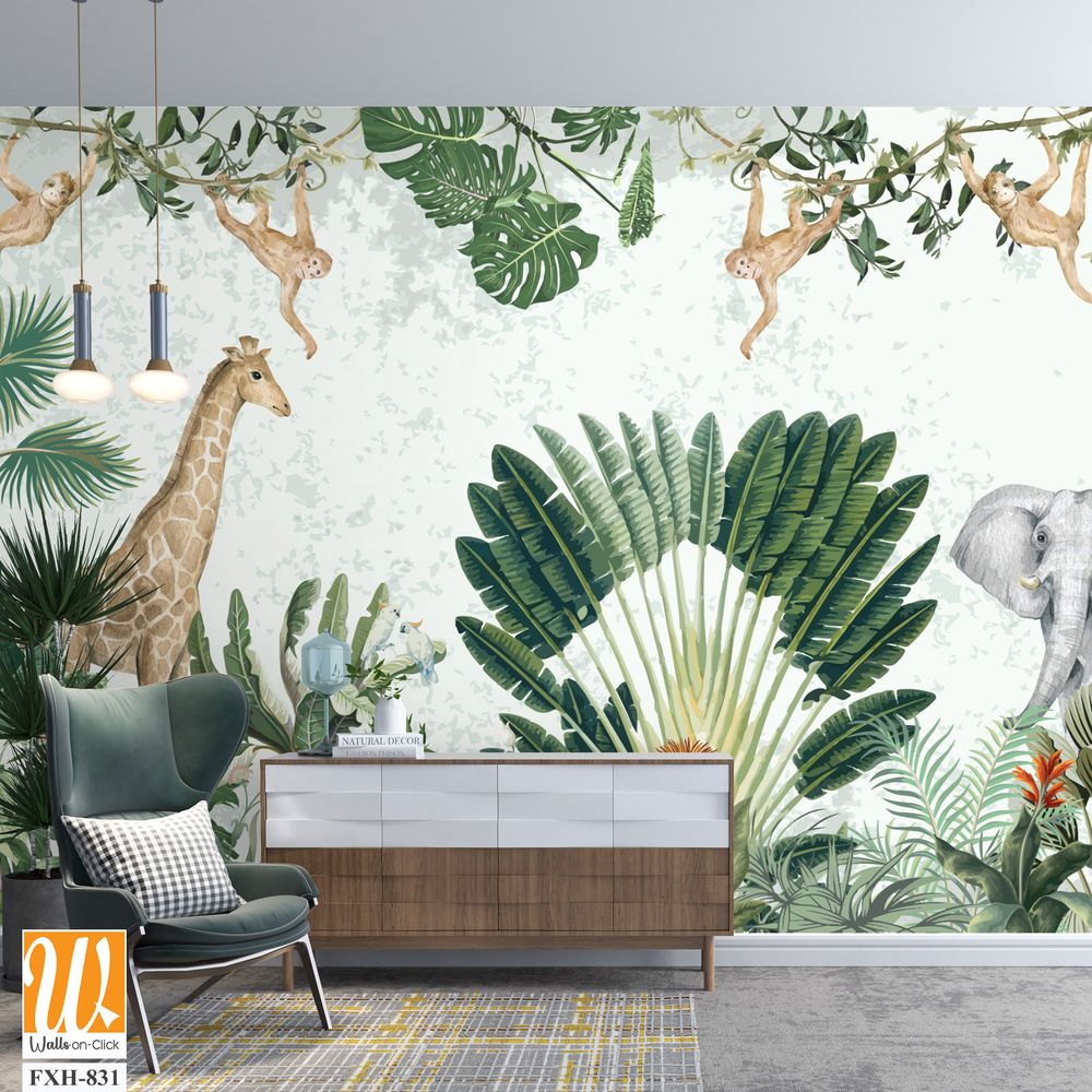 Tropical Garden Illustration, Kids Birthday Background Illustration, Birthday Backdrop, Animals, Watercolor Background. [WP-FXH-831]