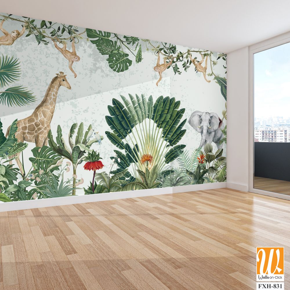 Tropical Garden Illustration, Kids Birthday Background Illustration, Birthday Backdrop, Animals, Watercolor Background. [WP-FXH-831]