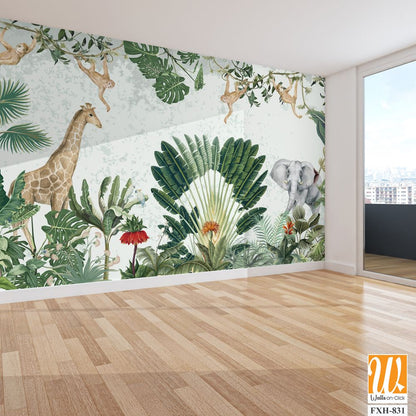 Tropical Garden Illustration, Kids Birthday Background Illustration, Birthday Backdrop, Animals, Watercolor Background. [WP-FXH-831]