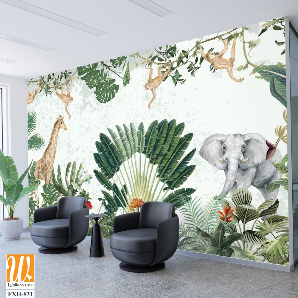 Tropical Garden Illustration, Kids Birthday Background Illustration, Birthday Backdrop, Animals, Watercolor Background. [WP-FXH-831]