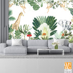 Tropical Garden Illustration, Kids Birthday Background Illustration, Birthday Backdrop, Animals, Watercolor Background. [WP-FXH-831]