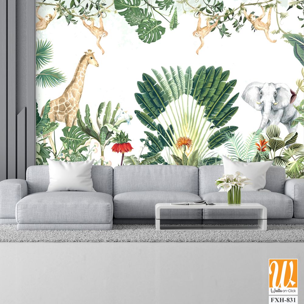 Tropical Garden Illustration, Kids Birthday Background Illustration, Birthday Backdrop, Animals, Watercolor Background. [WP-FXH-831]
