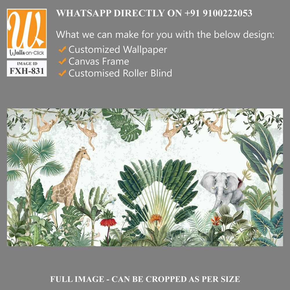 Tropical Garden Illustration, Kids Birthday Background Illustration, Birthday Backdrop, Animals, Watercolor Background. [WP-FXH-831]
