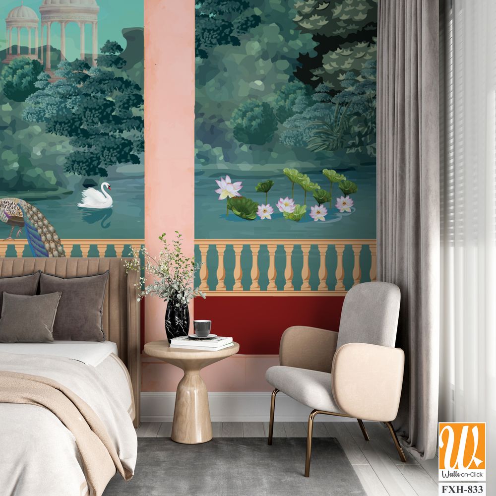 Mughal Garden, Mughal balcony Vintage wallpaper with garden arch place illustration. [WP-FXH-833]