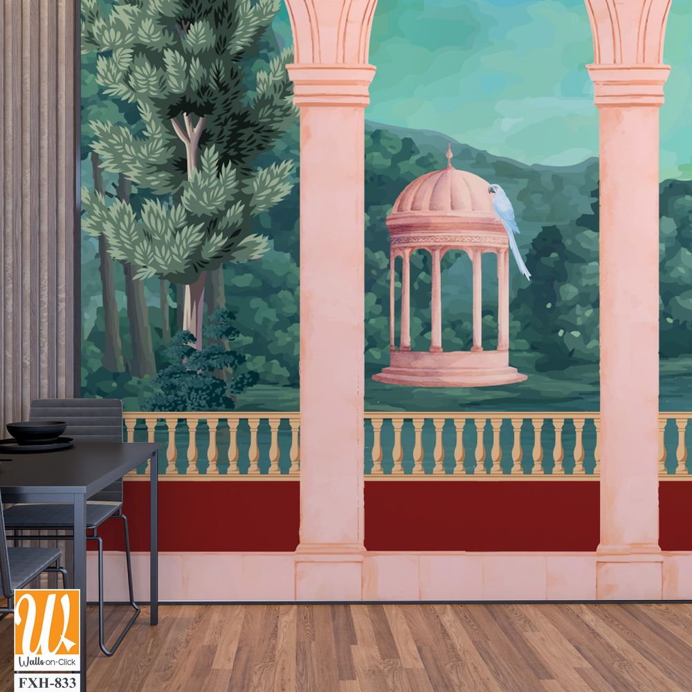 Mughal Garden, Mughal balcony Vintage wallpaper with garden arch place illustration. [WP-FXH-833]