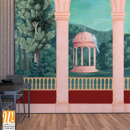Mughal Garden, Mughal balcony Vintage wallpaper with garden arch place illustration. [WP-FXH-833]