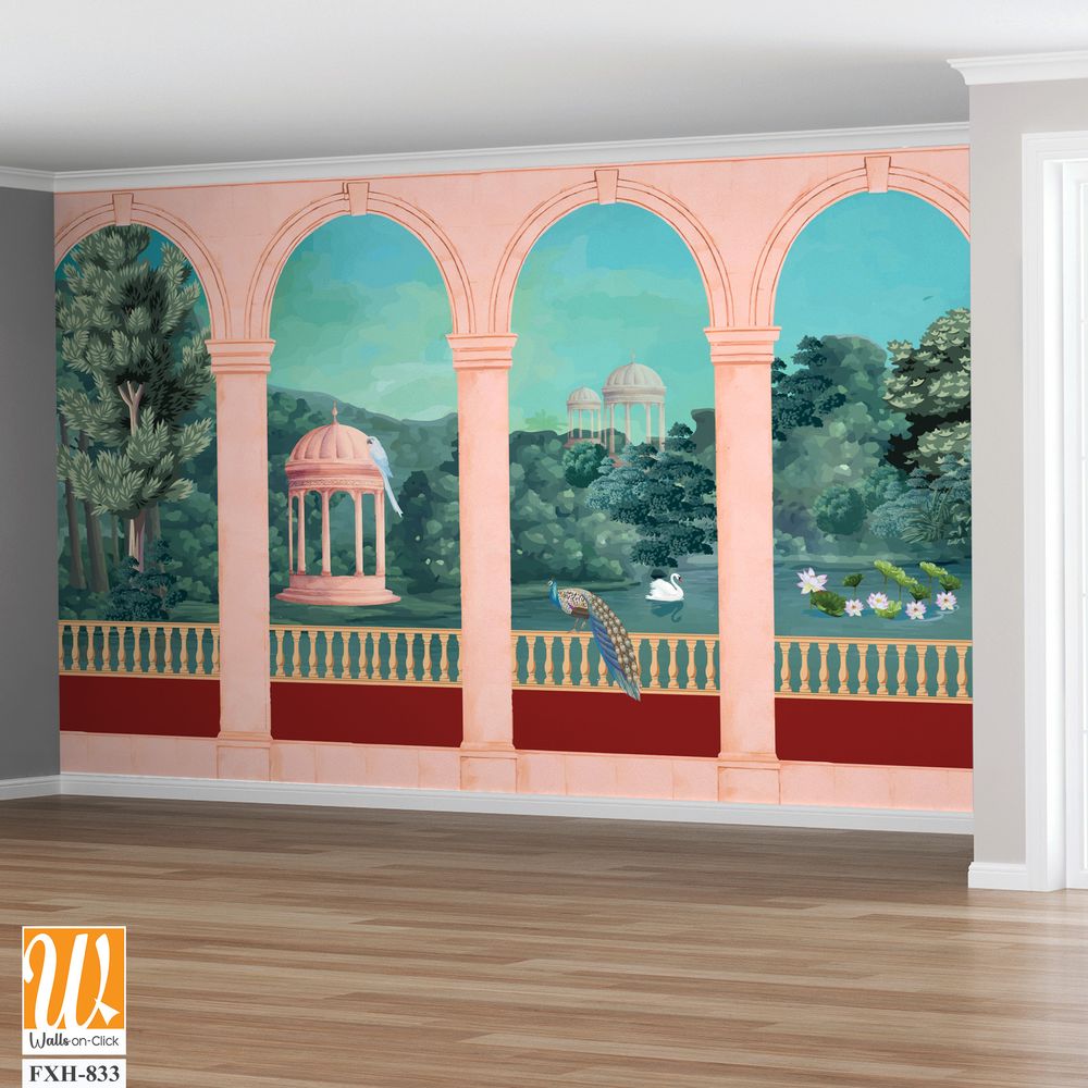 Mughal Garden, Mughal balcony Vintage wallpaper with garden arch place illustration. [WP-FXH-833]
