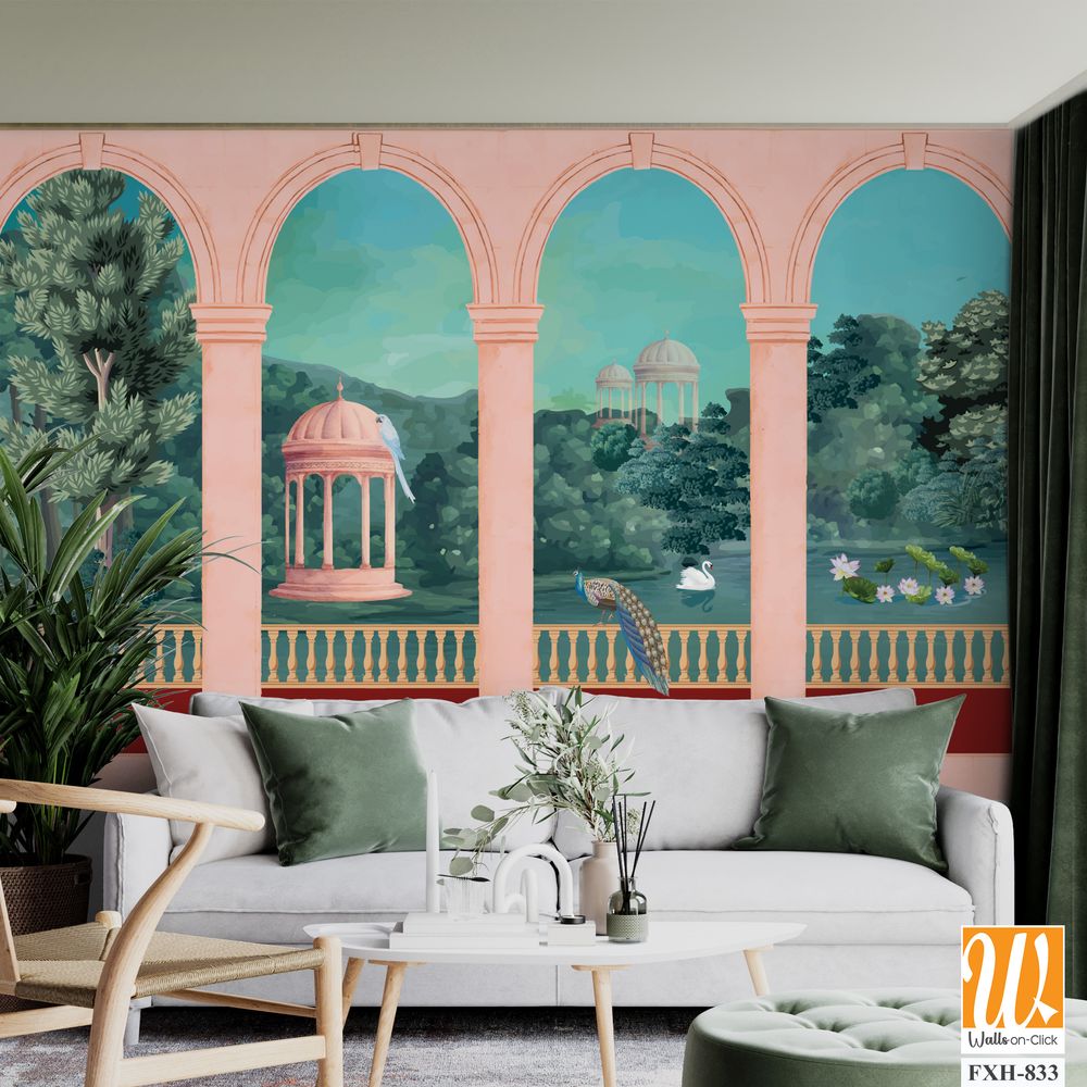 Mughal Garden, Mughal balcony Vintage wallpaper with garden arch place illustration. [WP-FXH-833]