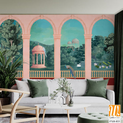 Mughal Garden, Mughal balcony Vintage wallpaper with garden arch place illustration. [WP-FXH-833]