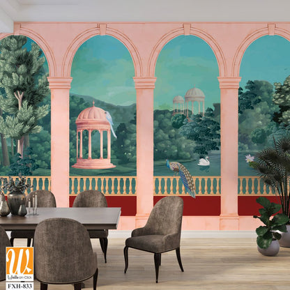 Mughal Garden, Mughal balcony Vintage wallpaper with garden arch place illustration. [WP-FXH-833]