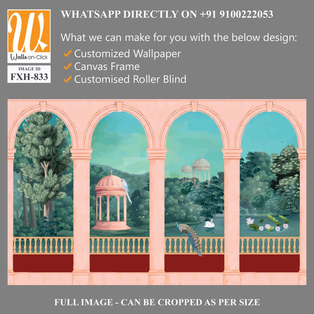 Mughal Garden, Mughal balcony Vintage wallpaper with garden arch place illustration. [WP-FXH-833]