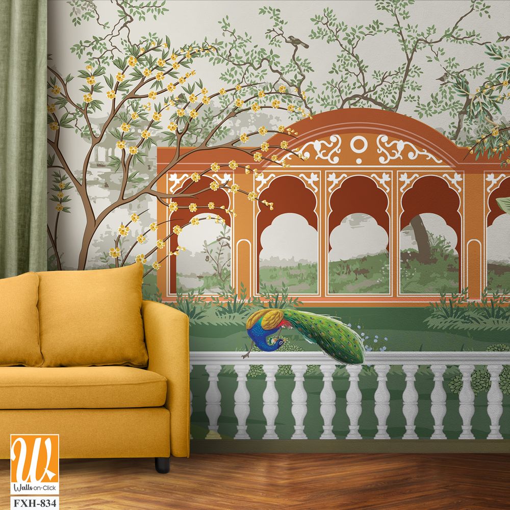 Jungle wallpaper, Palazzo wallpaper, Mughal wall paper, Birds, Tree, Watercolor background. [WP-FXH-834]