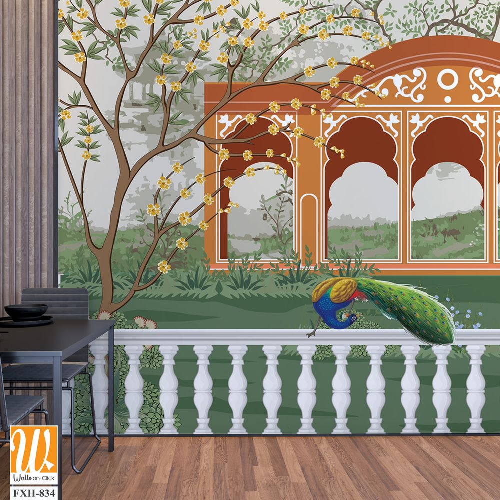 Jungle wallpaper, Palazzo wallpaper, Mughal wall paper, Birds, Tree, Watercolor background. [WP-FXH-834]