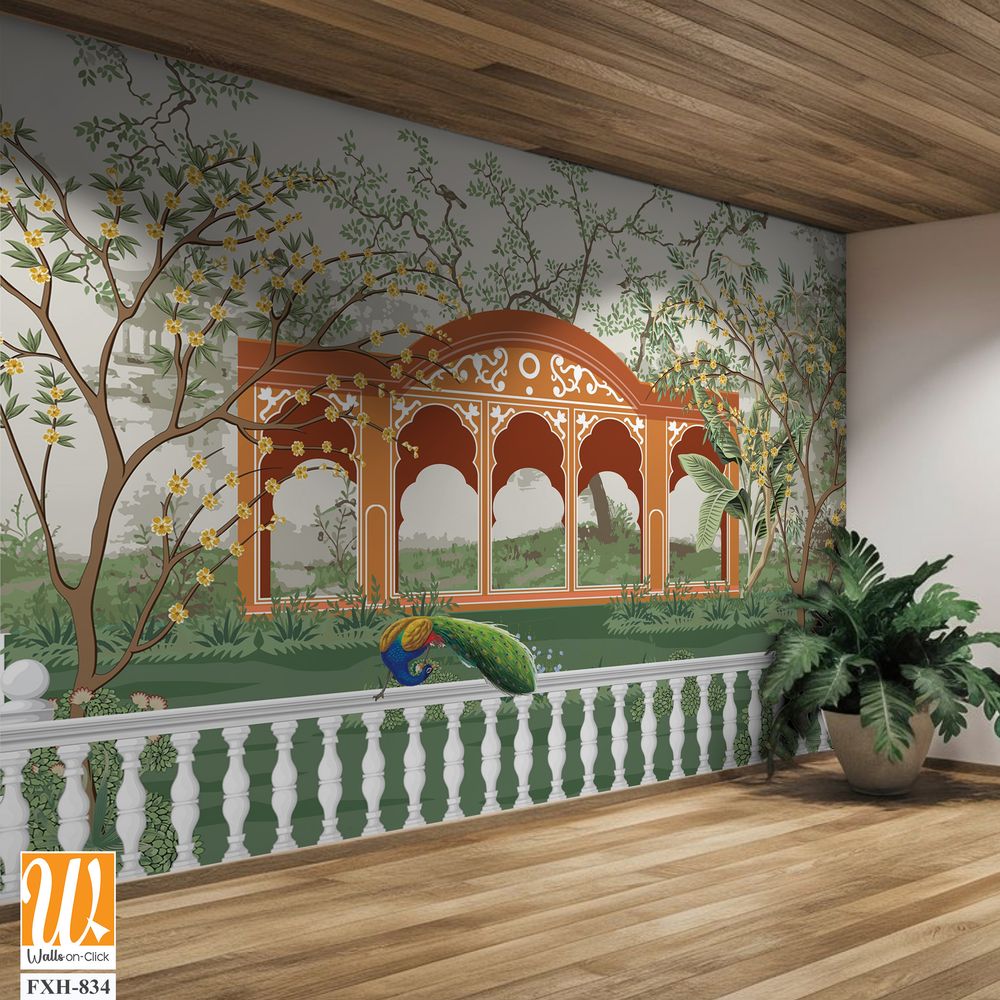 Jungle wallpaper, Palazzo wallpaper, Mughal wall paper, Birds, Tree, Watercolor background. [WP-FXH-834]