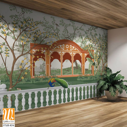 Jungle wallpaper, Palazzo wallpaper, Mughal wall paper, Birds, Tree, Watercolor background. [WP-FXH-834]