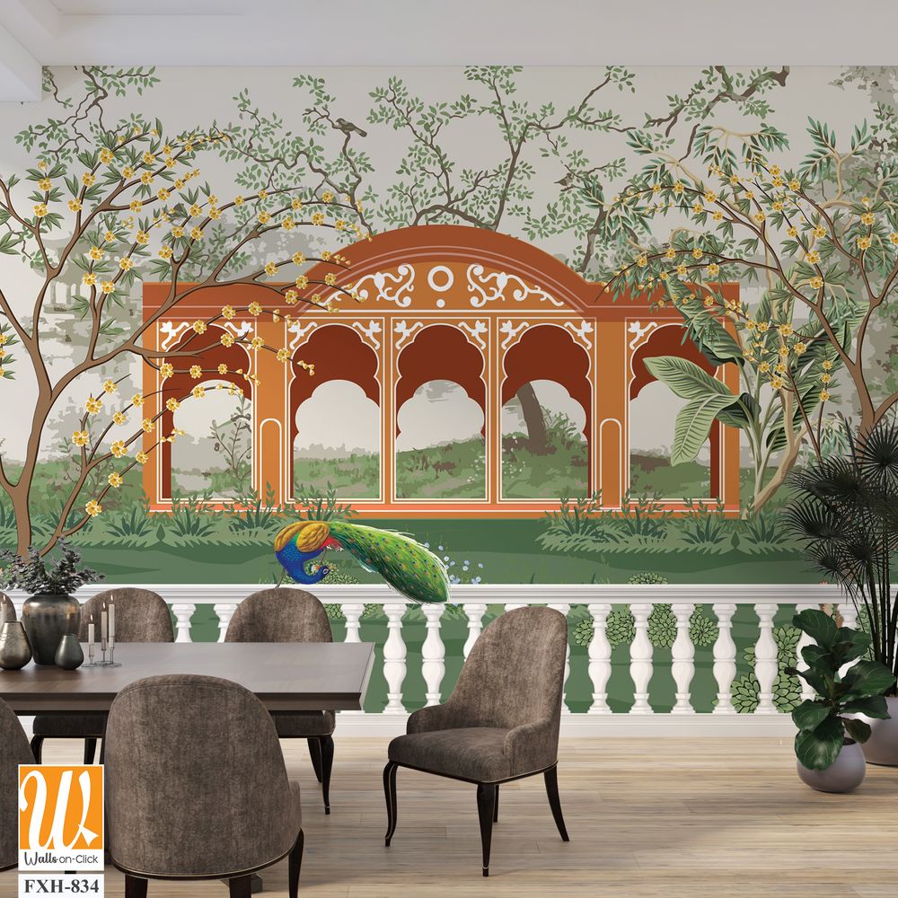 Jungle wallpaper, Palazzo wallpaper, Mughal wall paper, Birds, Tree, Watercolor background. [WP-FXH-834]