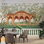 Jungle wallpaper, Palazzo wallpaper, Mughal wall paper, Birds, Tree, Watercolor background. [WP-FXH-834]