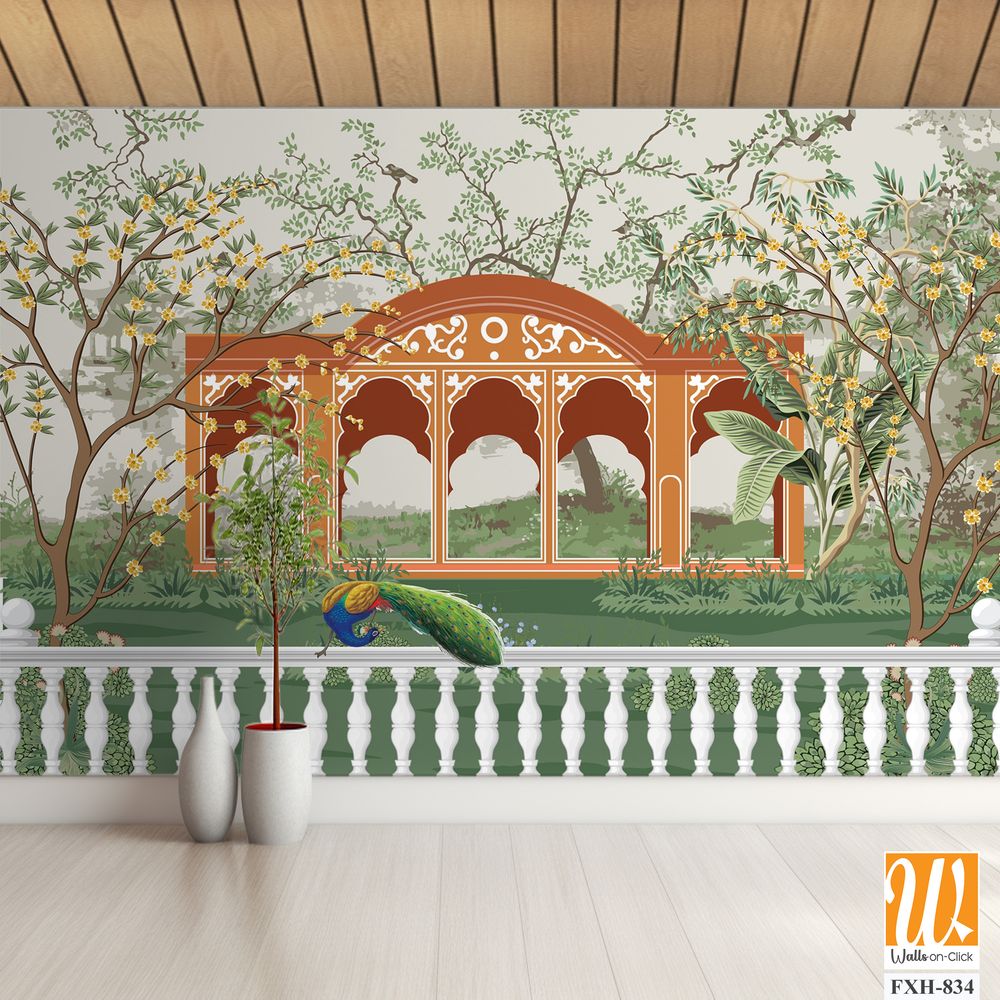 Jungle wallpaper, Palazzo wallpaper, Mughal wall paper, Birds, Tree, Watercolor background. [WP-FXH-834]