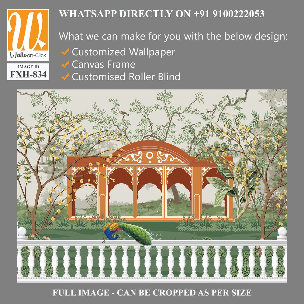 Jungle wallpaper, Palazzo wallpaper, Mughal wall paper, Birds, Tree, Watercolor background. [WP-FXH-834]