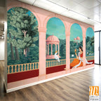 Mughal queen sitting in Garden. Vintage wallpaper with garden arch place illustration. [WP-FXH-835]