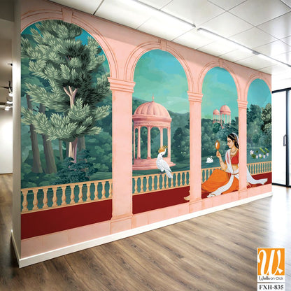 Mughal queen sitting in Garden. Vintage wallpaper with garden arch place illustration. [WP-FXH-835]