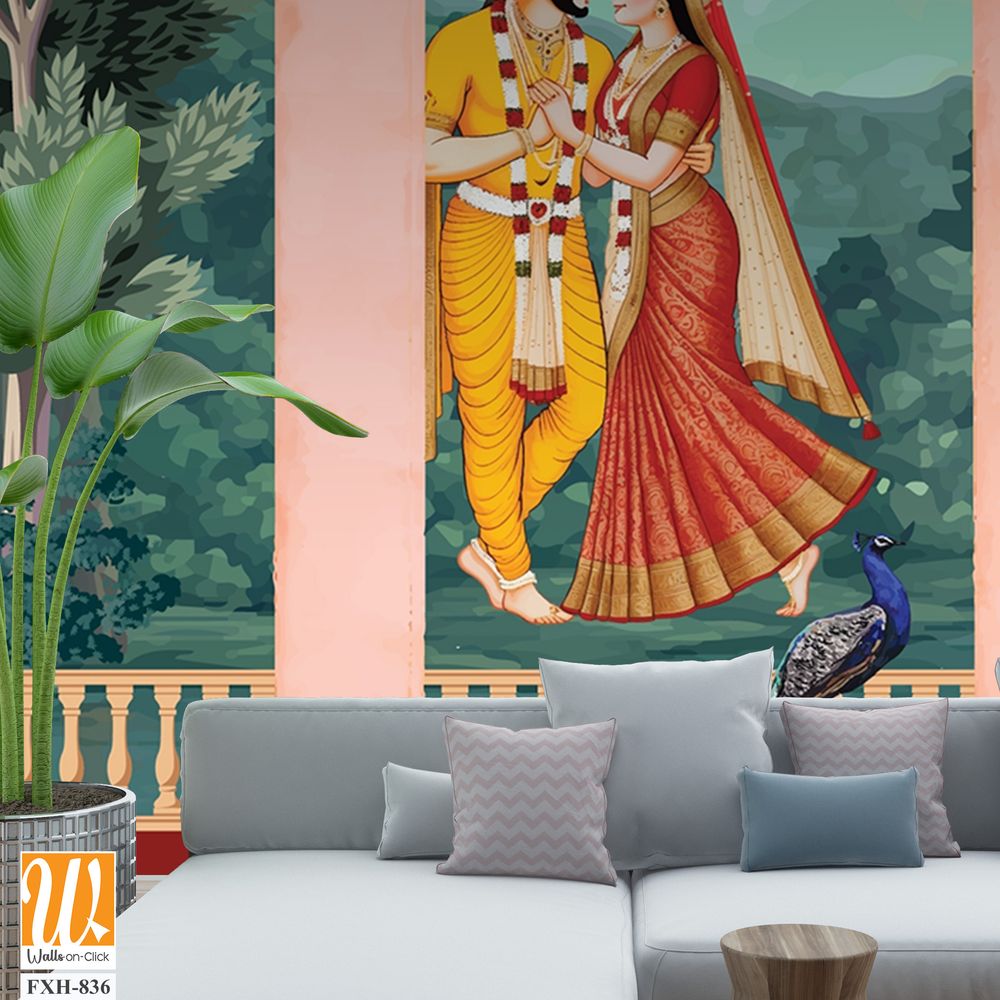 Mughal King and queen sitting in Garden. vintage wallpaper with garden arch place lake, mountain. [WP-FXH-836]