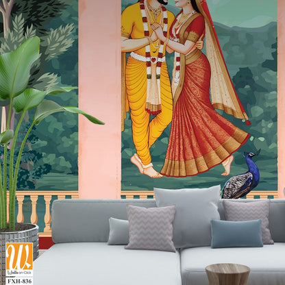 Mughal King and queen sitting in Garden. vintage wallpaper with garden arch place lake, mountain. [WP-FXH-836]