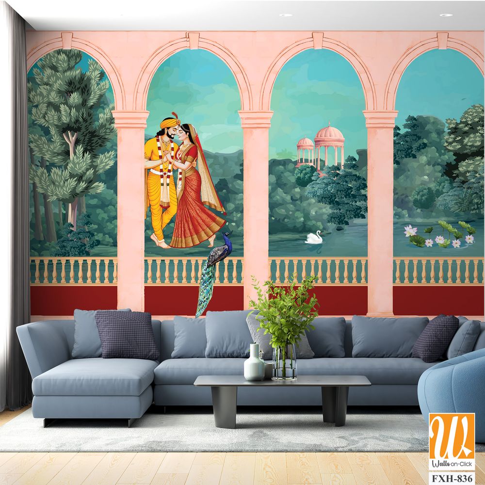 Mughal King and queen sitting in Garden. vintage wallpaper with garden arch place lake, mountain. [WP-FXH-836]