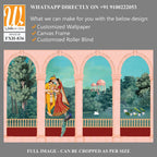 Mughal King and queen sitting in Garden. vintage wallpaper with garden arch place lake, mountain. [WP-FXH-836]