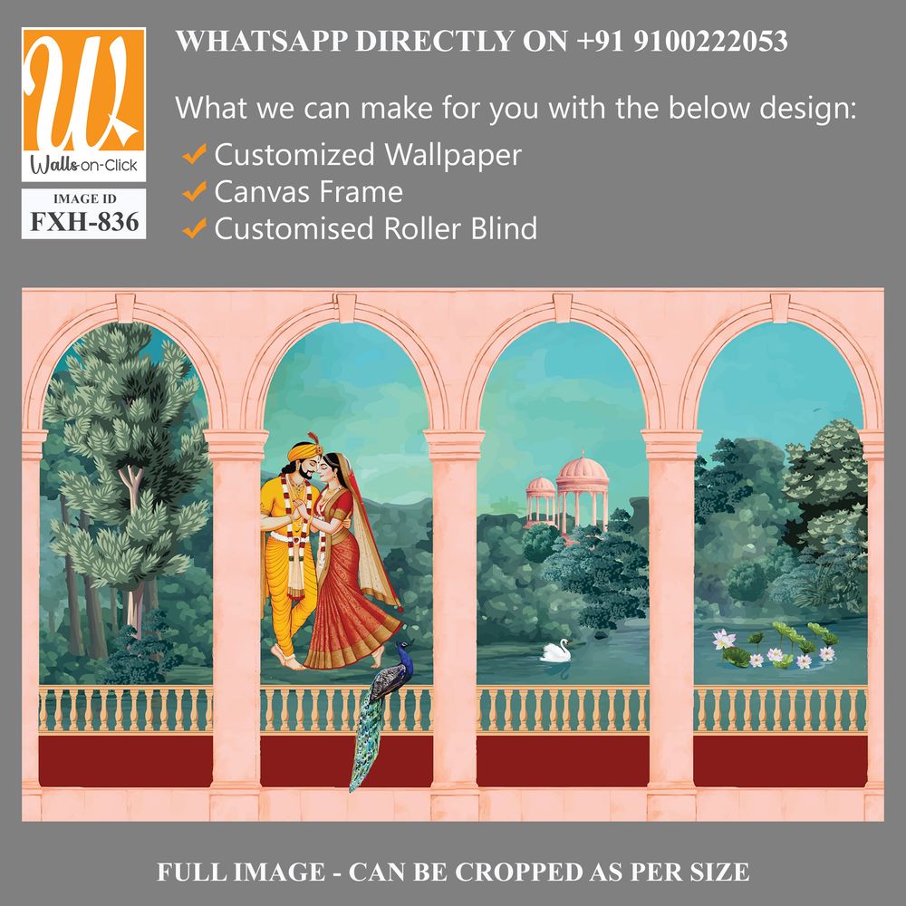 Mughal King and queen sitting in Garden. vintage wallpaper with garden arch place lake, mountain. [WP-FXH-836]