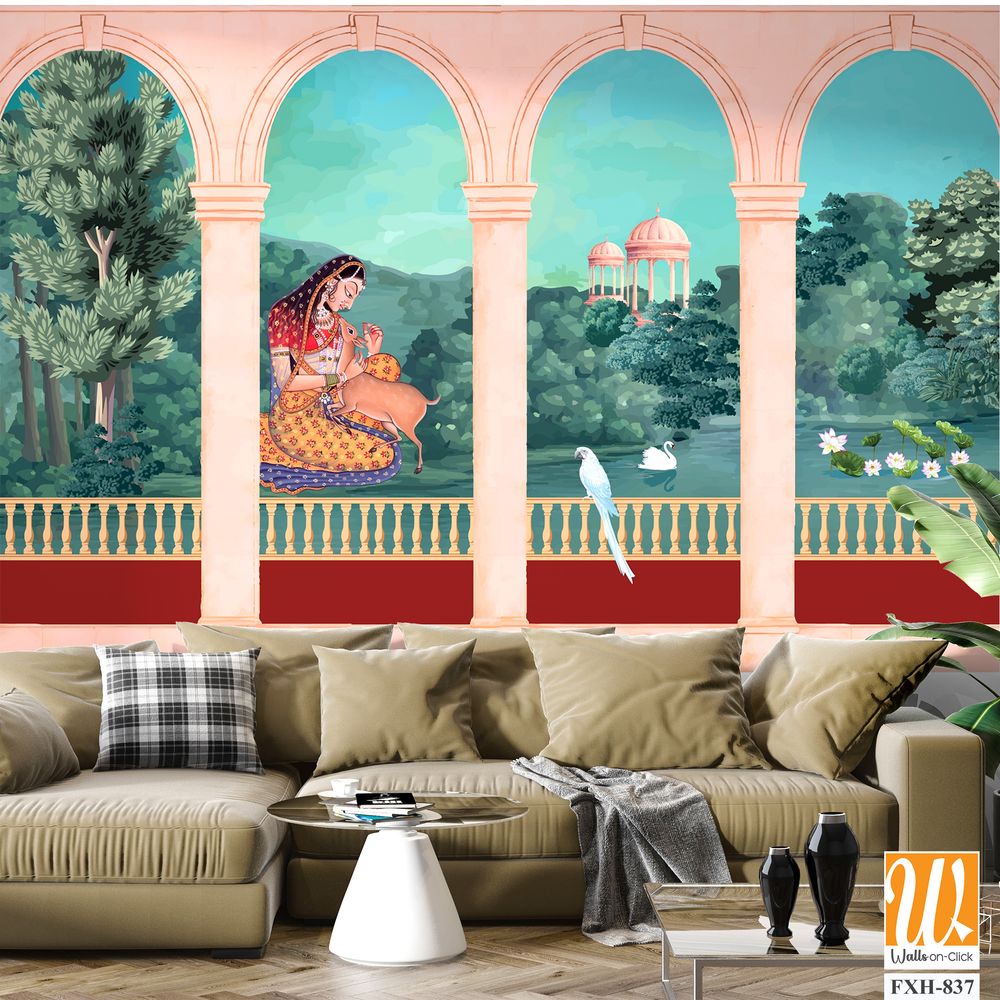 Mughal queen sitting in Garden. Vintage wallpaper with garden arch place illustration. [WP-FXH-837]