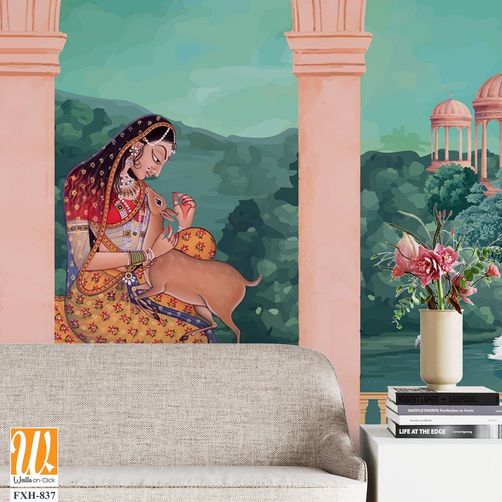 Mughal queen sitting in Garden. Vintage wallpaper with garden arch place illustration. [WP-FXH-837]