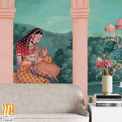 Mughal queen sitting in Garden. Vintage wallpaper with garden arch place illustration. [WP-FXH-837]