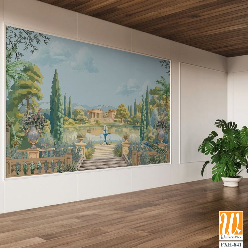Ancient Roman garden landscape with palace, fountain, peacock, tree, lake, cloud illustration for wallpaper [WP-FXH-841]