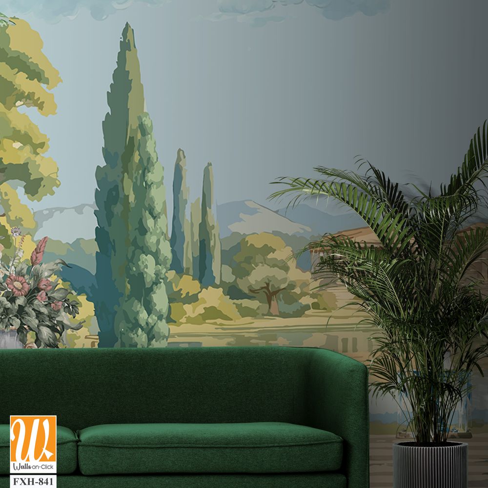 Ancient Roman garden landscape with palace, fountain, peacock, tree, lake, cloud illustration for wallpaper [WP-FXH-841]