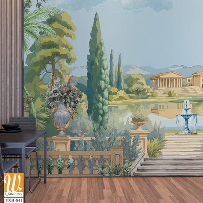 Ancient Roman garden landscape with palace, fountain, peacock, tree, lake, cloud illustration for wallpaper [WP-FXH-841]