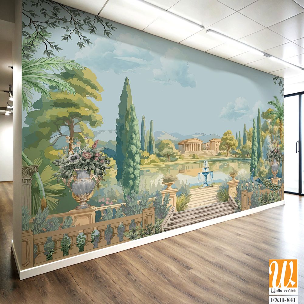 Ancient Roman garden landscape with palace, fountain, peacock, tree, lake, cloud illustration for wallpaper [WP-FXH-841]