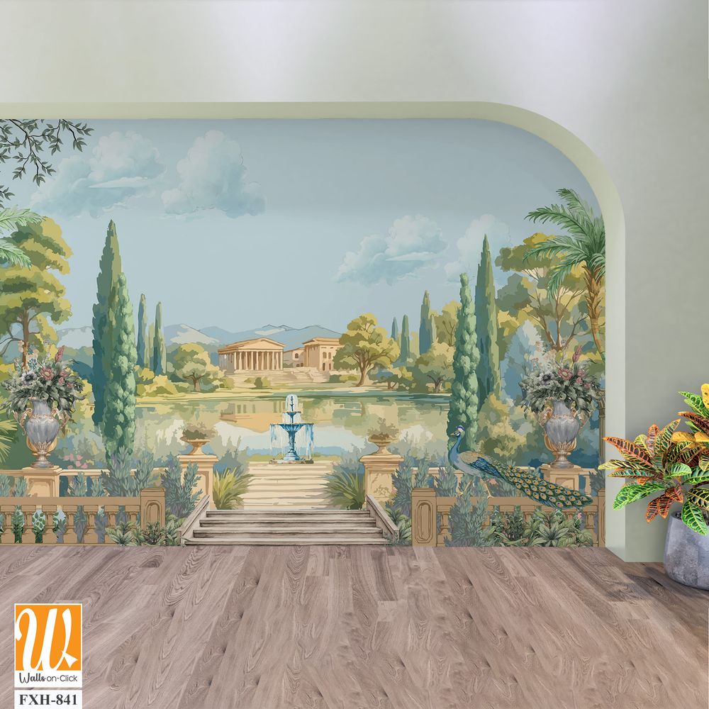 Ancient Roman garden landscape with palace, fountain, peacock, tree, lake, cloud illustration for wallpaper [WP-FXH-841]