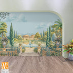 Ancient Roman garden landscape with palace, fountain, peacock, tree, lake, cloud illustration for wallpaper [WP-FXH-841]