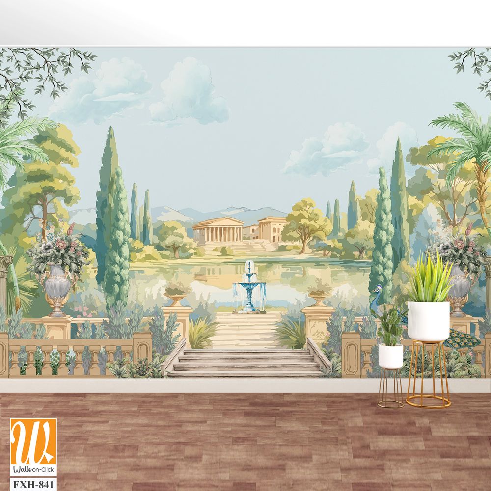 Ancient Roman garden landscape with palace, fountain, peacock, tree, lake, cloud illustration for wallpaper [WP-FXH-841]
