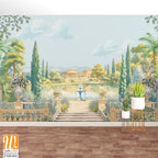 Ancient Roman garden landscape with palace, fountain, peacock, tree, lake, cloud illustration for wallpaper [WP-FXH-841]