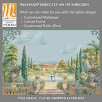 Ancient Roman garden landscape with palace, fountain, peacock, tree, lake, cloud illustration for wallpaper [WP-FXH-841]