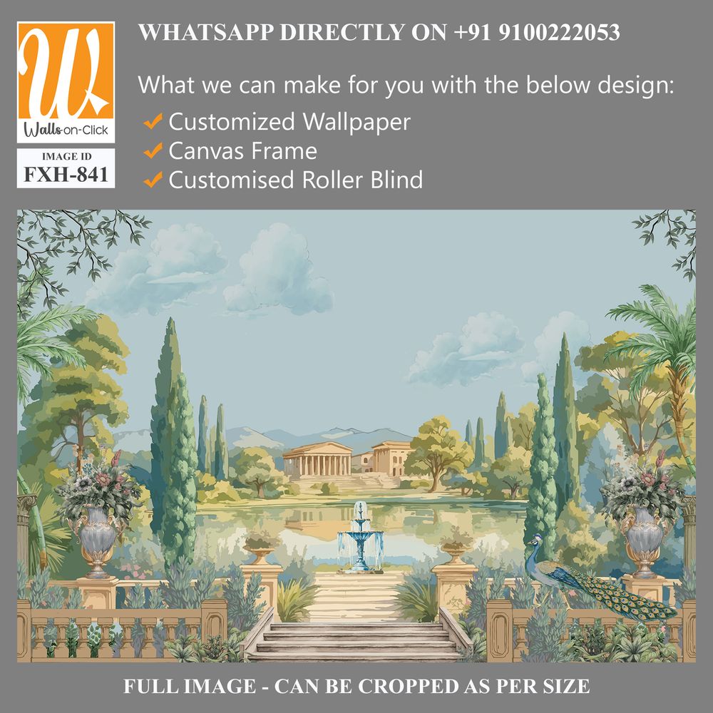 Ancient Roman garden landscape with palace, fountain, peacock, tree, lake, cloud illustration for wallpaper [WP-FXH-841]