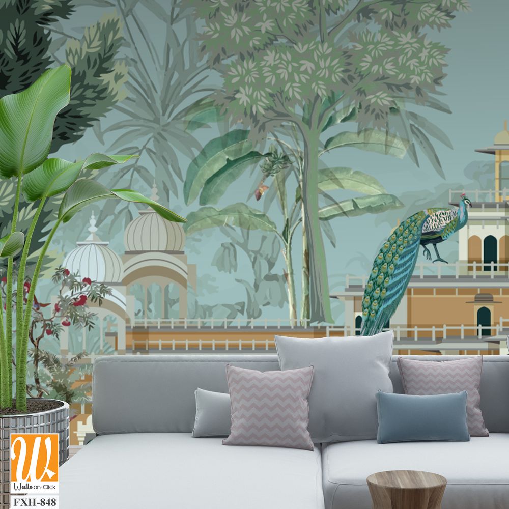 Traditional Mughal Garden Illustration, Mughal Palace, Peacock, Mughal Mural Illustration. [WP-FXH-848]