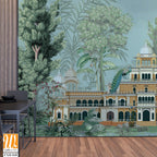 Traditional Mughal Garden Illustration, Mughal Palace, Peacock, Mughal Mural Illustration. [WP-FXH-848]