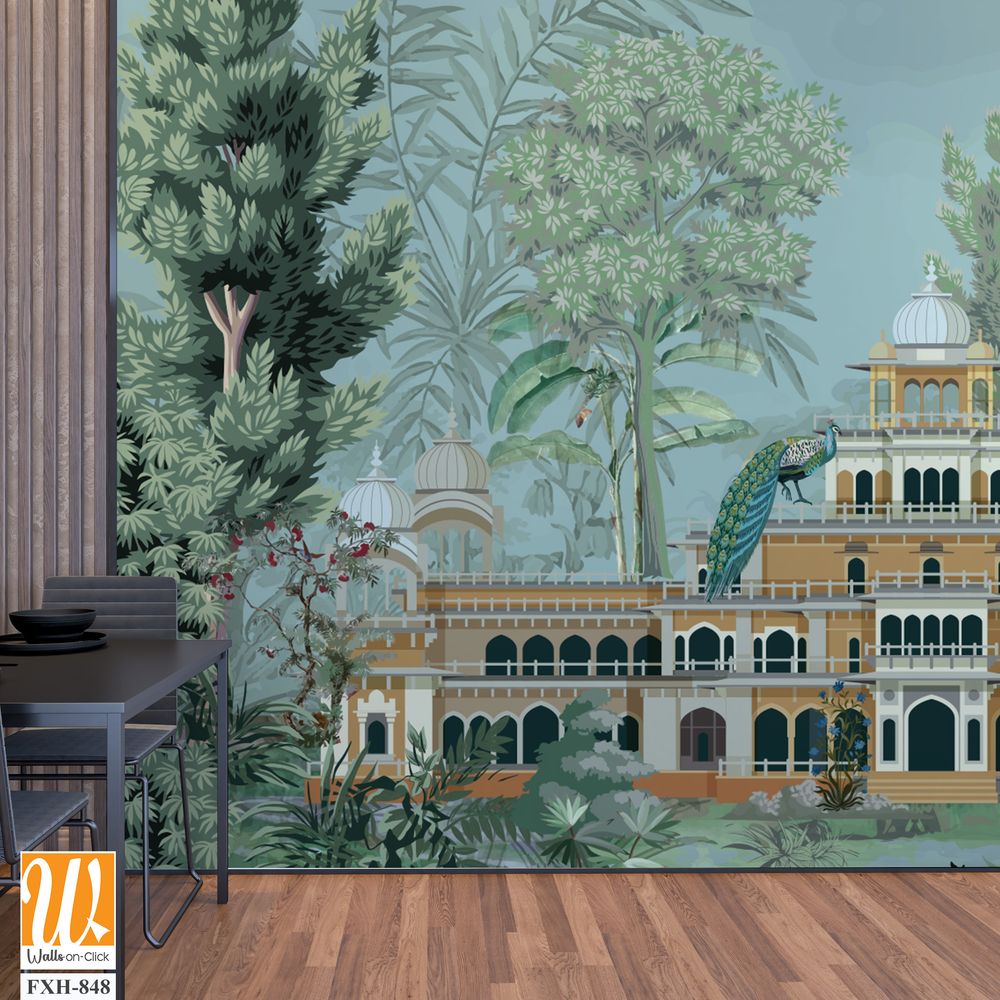 Traditional Mughal Garden Illustration, Mughal Palace, Peacock, Mughal Mural Illustration. [WP-FXH-848]