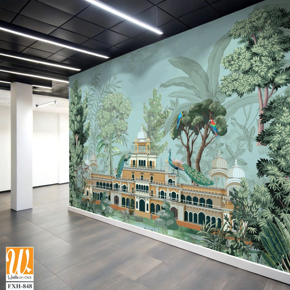 Traditional Mughal Garden Illustration, Mughal Palace, Peacock, Mughal Mural Illustration. [WP-FXH-848]