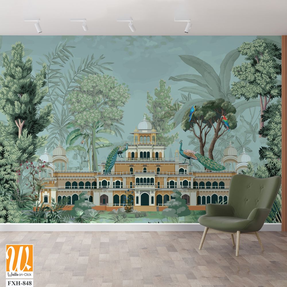 Traditional Mughal Garden Illustration, Mughal Palace, Peacock, Mughal Mural Illustration. [WP-FXH-848]