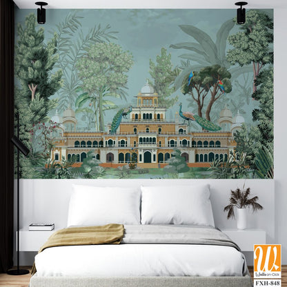 Traditional Mughal Garden Illustration, Mughal Palace, Peacock, Mughal Mural Illustration. [WP-FXH-848]